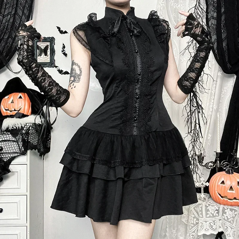 2025 New Dark Fairycore Black Sleeveless Shirt Dress Retro E-girl Lace Splice Party Ball Gown Gothic Zip Slim Mini Dresses Women