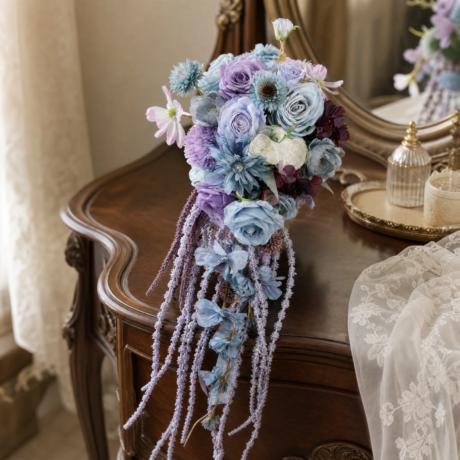 Cascading Bridal Hand Bouquet Non-Fading Silk Flower Bridal Bouquet with Trailing Stems Ready-to-Carry Low-Maintenance