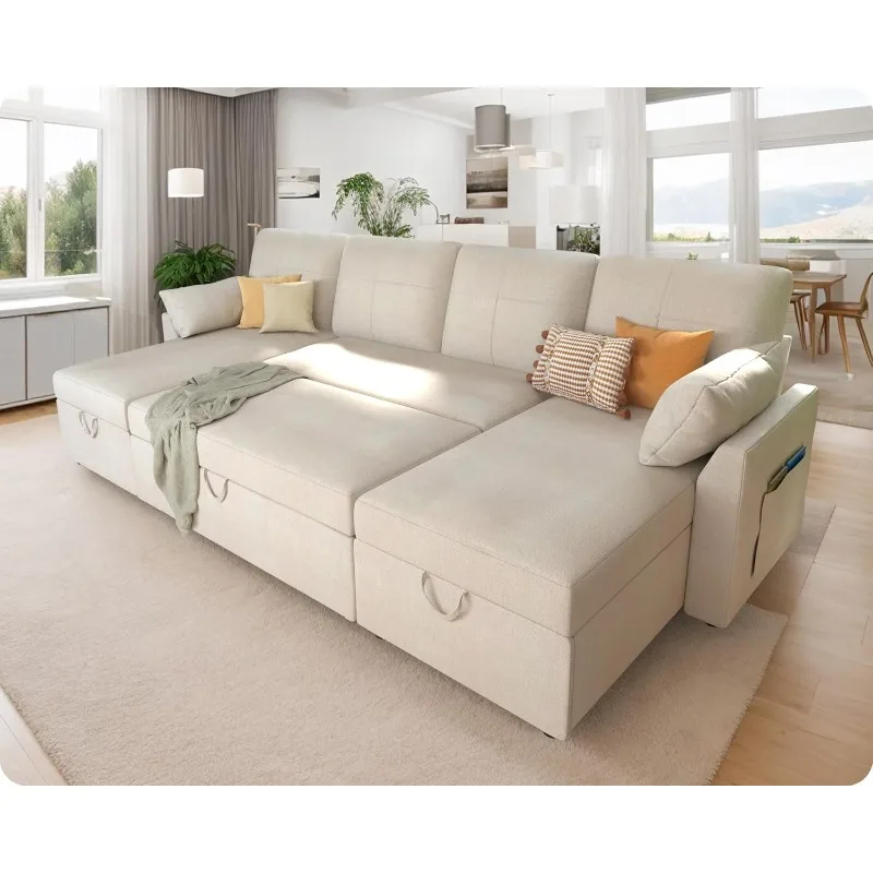 Oversized Sleeper Sofa 110 Inch Pull-Out Sofa Bed with Dual Storage Chaise Sectional Sleeper Couch for Living Room