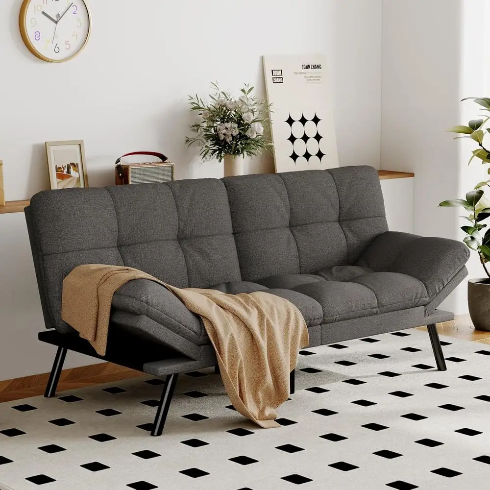 

Раскладной диван-кровать с обивкой из серого льняного полотна, регулируемой спинкой и подлокотниками