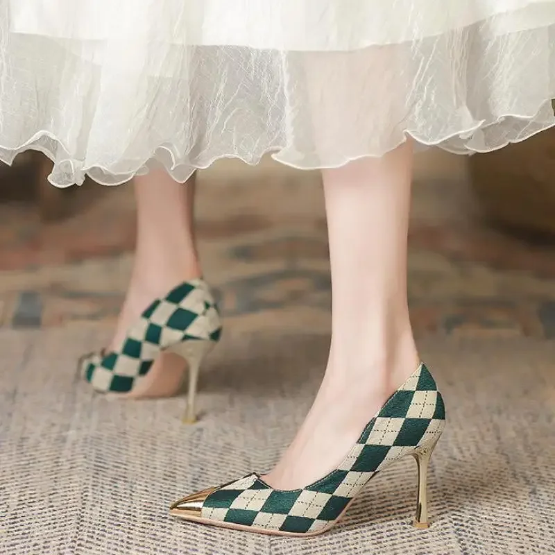 Size 30-43 Material Point Toe High Heel Pumps Sexy Shoes Women Green Shoes Plaid