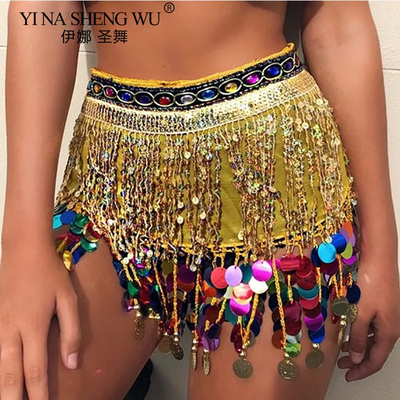 Women Belly Dance Waist Belt Shiny Coin Dancing Skirts Tassel Fringe Sexy Belts Belly Dance Hip Scarf Bohemian Performance Scarf