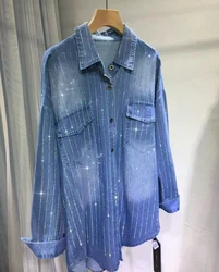 Luxury Style Rhinestone Middle Long Denim Shirts for Women Pocket Denim Top Long Sleeve Coat Turndown Collar Loose Blouse