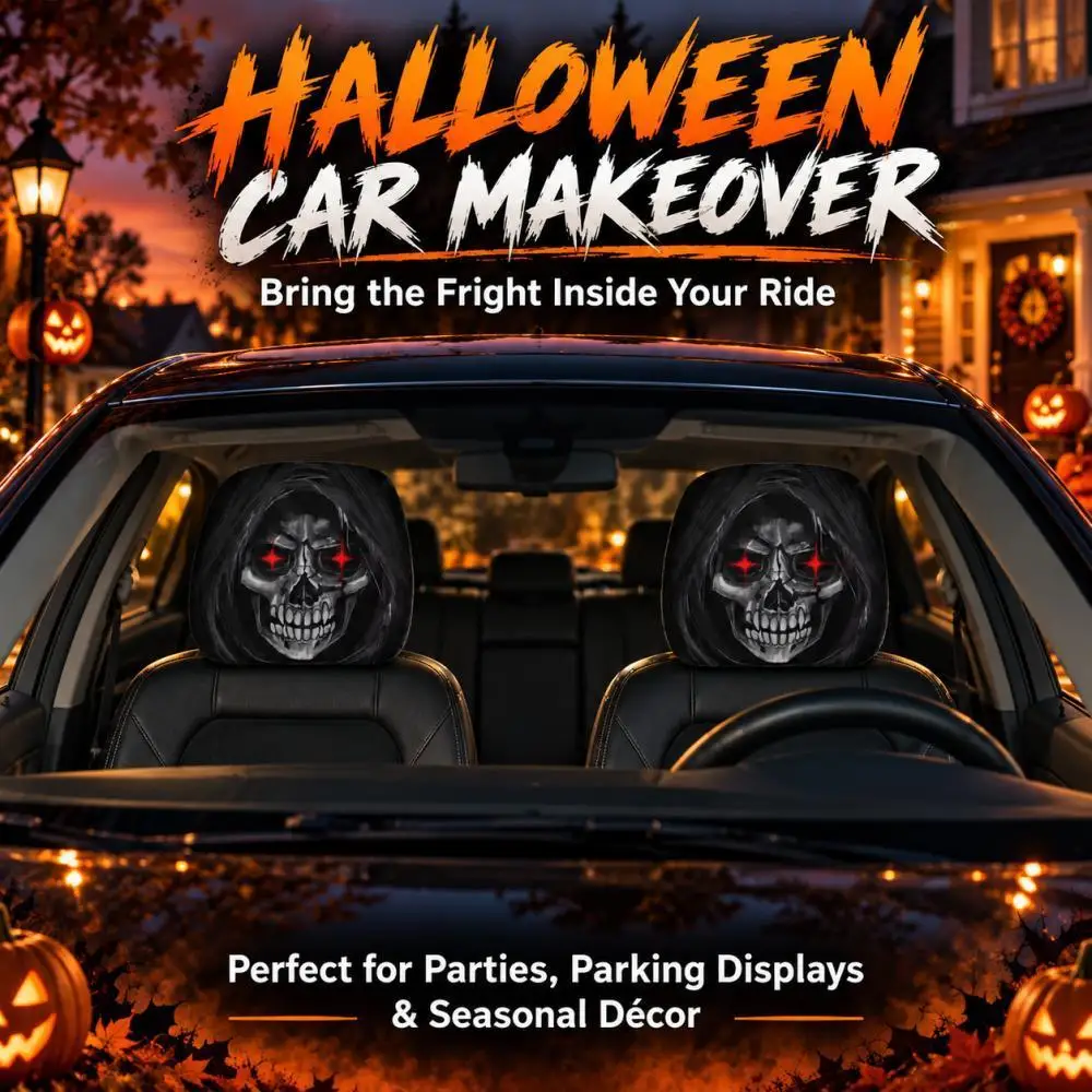2Pcs Grim Reaper Skull Car Headrest Covers 2D Printed Red-Eyed Skeleton Funny Halloween Car Interior Decoration Accessories