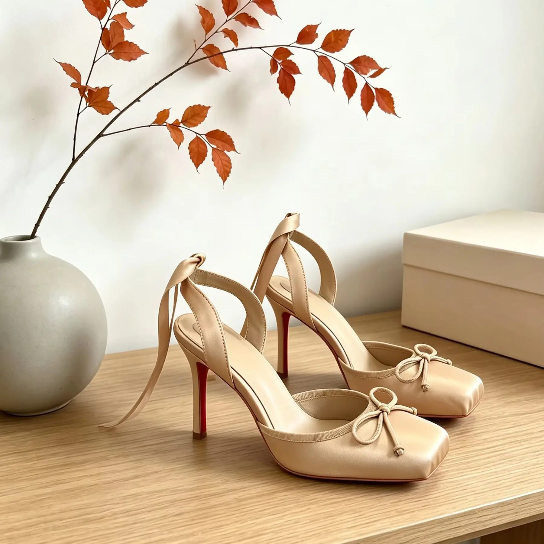 Women's Nude Satin Ballet Square Toe Stiletto Heels Pumps Ribbon Wrap Sweet Elegant Wedding Banquet Parties Ladies Sandals Shoes