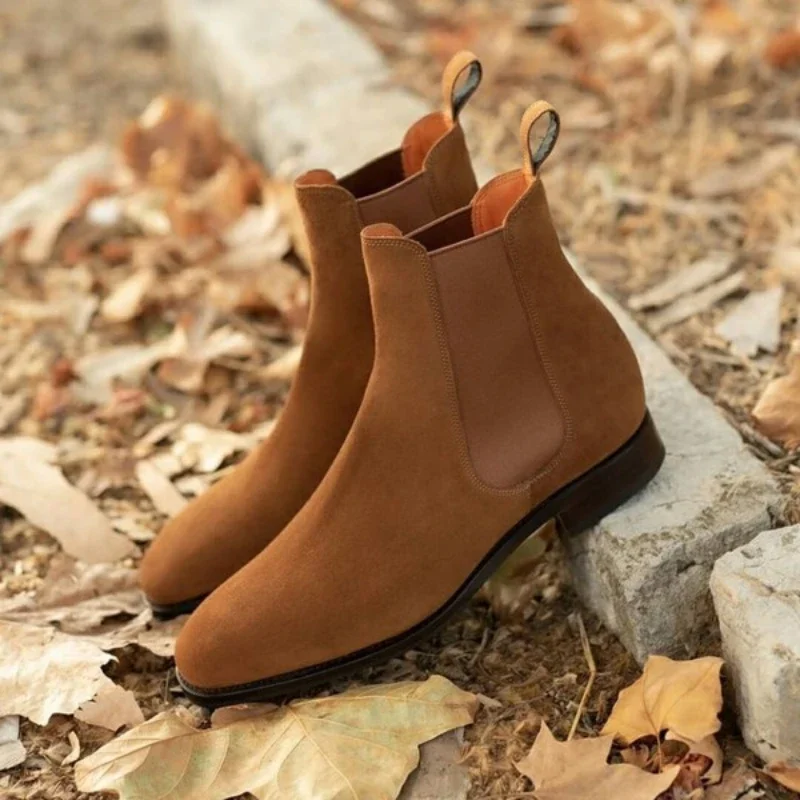 Chelsea Boots Men  Faux Suede brown Classic Business Casual Versatile British Style Slip-On Fashion Ankle Boots