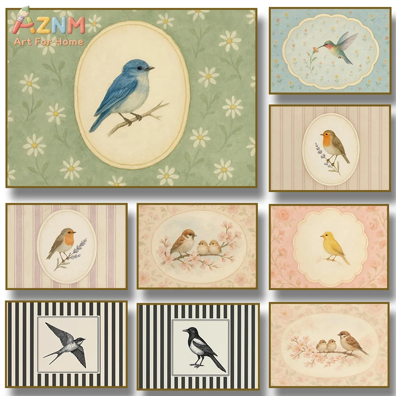 AZNM Vintage Floral Bird Canvas Wall Art, Unframed Robin Sparrow Hummingbird Print Poster, Shabby Chic Animal Painting for Bedro