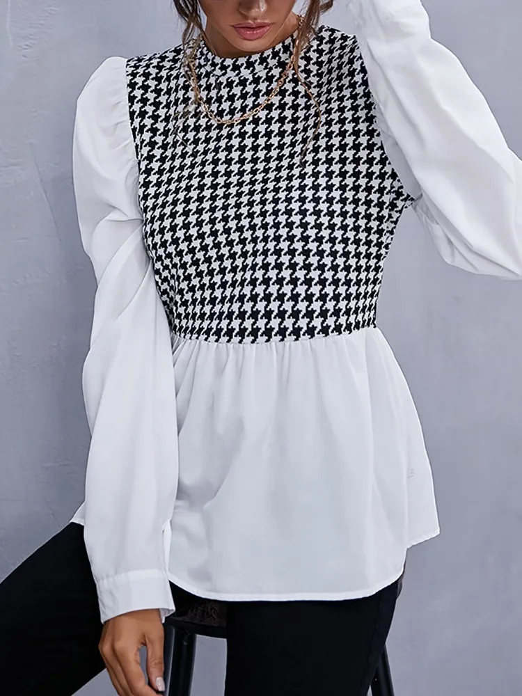 Women Elegant Houndstooth Shirt Fashion Ruffle Stitching Fluffy Long Sleeve Top Casual Chic Ladies Blouse Office Casual Shirts