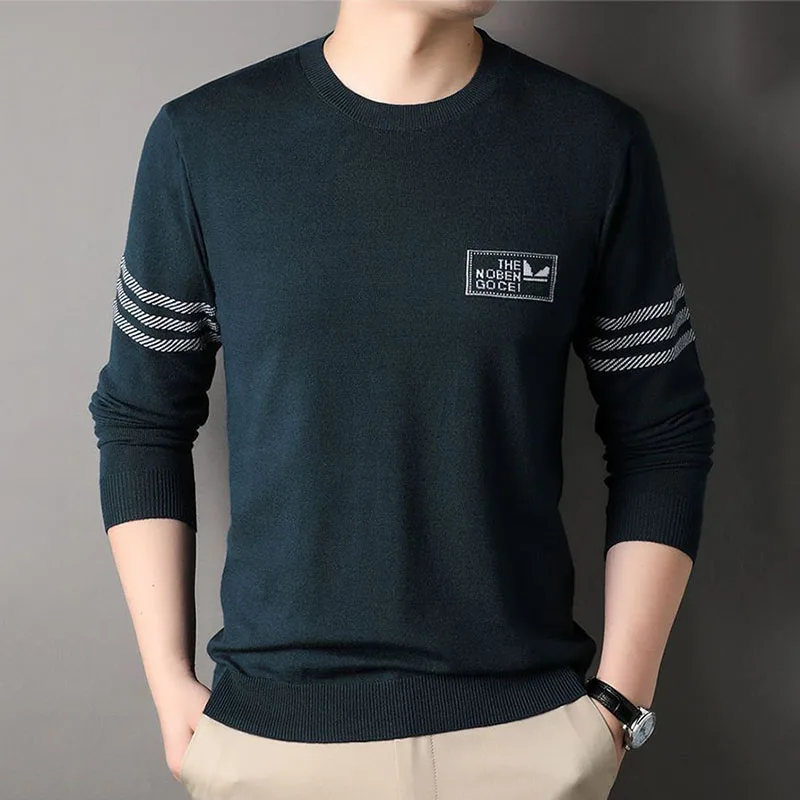 Now Men Pure Cotton Long Sleeve Youth Sweater Autumn Casual Fashion Round Neck Striped Labeling Comfortable Bottoming Shirt