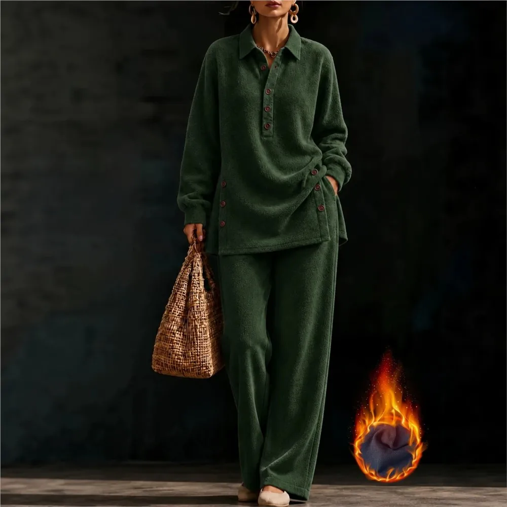 Women's Thick Warm Fleece 2 Piece Outfit Lapel Long Sleeve Side Buttons Blouse High Waist Wide Leg Pants Casual Home Track Suit view 5