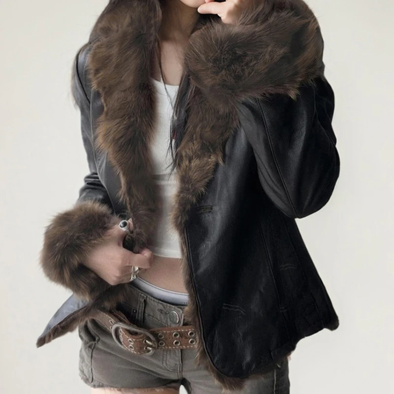 IAMHOTTY Faux Fur Patchwork Pu Leather Jacket Luxurious Furry Collar Warm Down Coats Winter Chic V-neck Cardigan Thick Outerwear