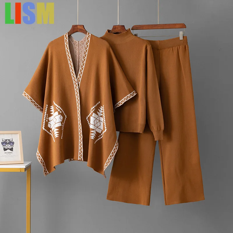 

LISM winter pant sets Knitted jacquard shawl+round neck top+casual sports wide leg pants three piece set for women outfit