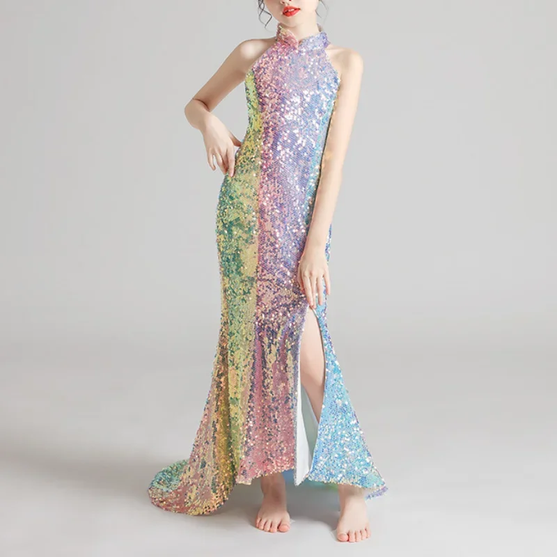 Luxury Shinny Rainbow Princess Slim ชุดราตรีอย่างเป็นทางการชุดผู้หญิงแขนกุดพรหม Vestidos ทรัมเป็ตสาว