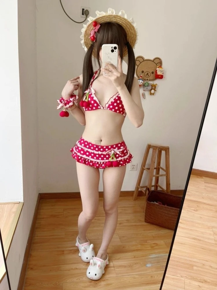

Sweet Red Polka Dot Halter Bikini Cherry Print Layered Ruffle Skirt Kawaii Two-Piece Swimsuit Beach Pool & Lolita Style Outfits