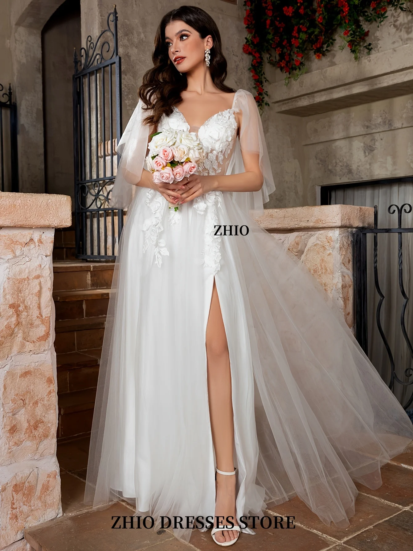 ZHIO Kant Koreaanse trouwjurk met lange mouwen Off-shoulder A-lijn bruidsjurk Backless prinses sticker bruidsjurk op maat