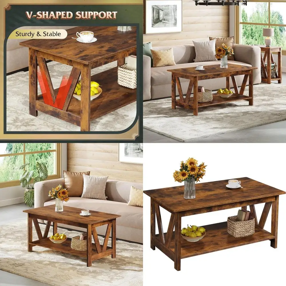 

Rustic 2-Tier Farmhouse Coffee Table with Storage Shelf, 39.4 V-Frame Design for Living Spaces