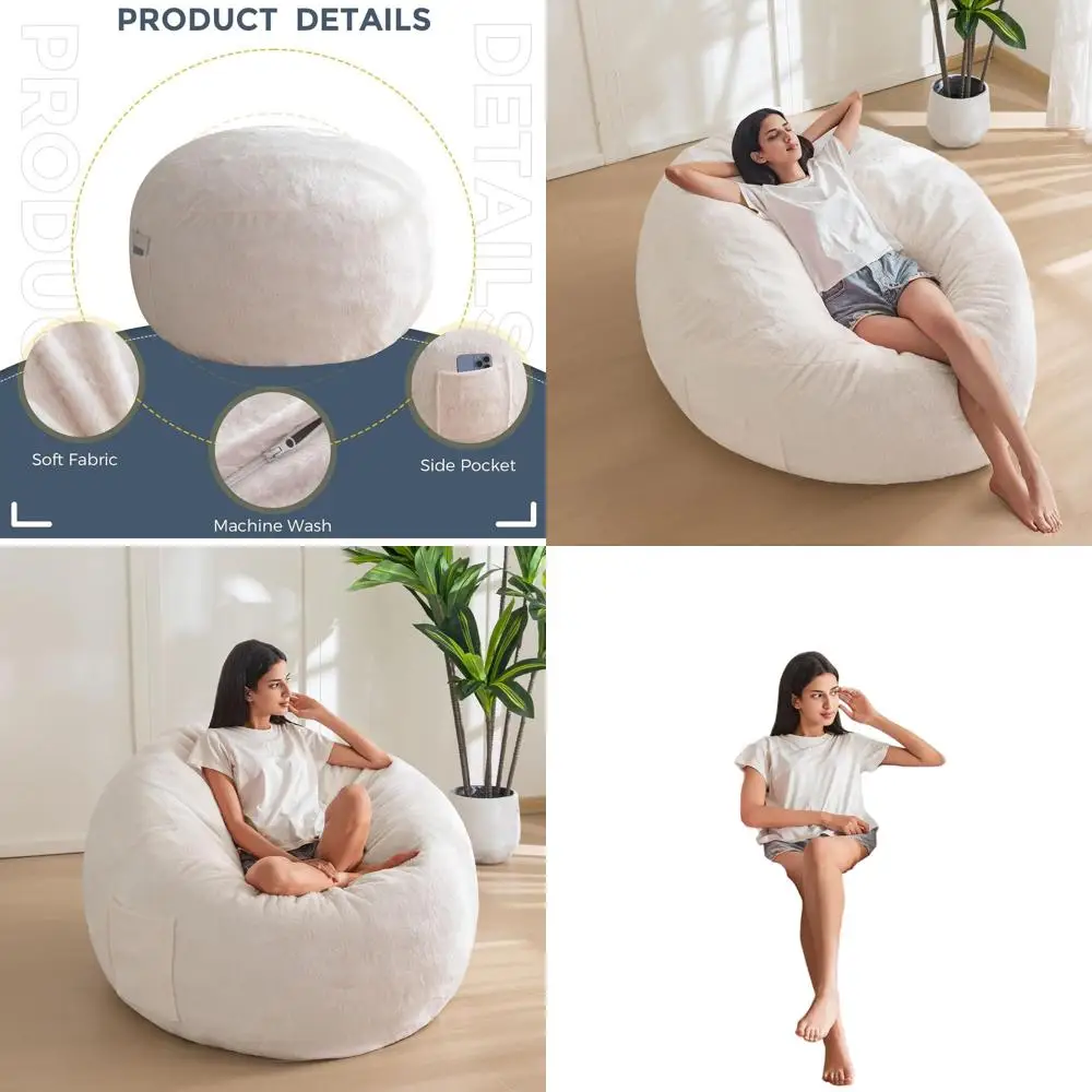 

Large 3ft Adult Bean Bag Chair with Soft Fur Cover, Foam Filled, Washable Couch for Living Room & Bedroom