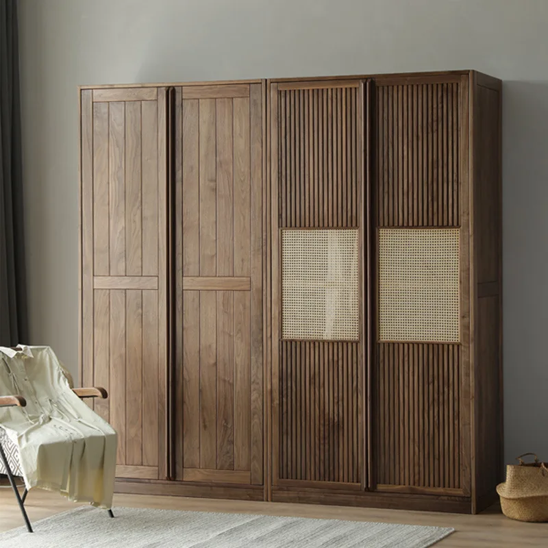 Black walnut bedroom wardrobe, locker Japanese rattan double door solid wood wardrobe, combination solid wood wardrobe