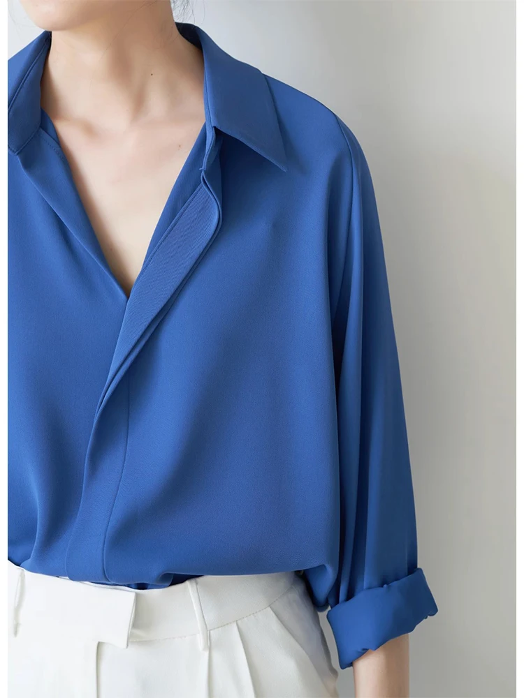 

Blue Women's Shirt V-Neck Long Sleeve Commute Style Interview Inner Wear Base Layer Top Spring Autumn Winter Fashion Design
