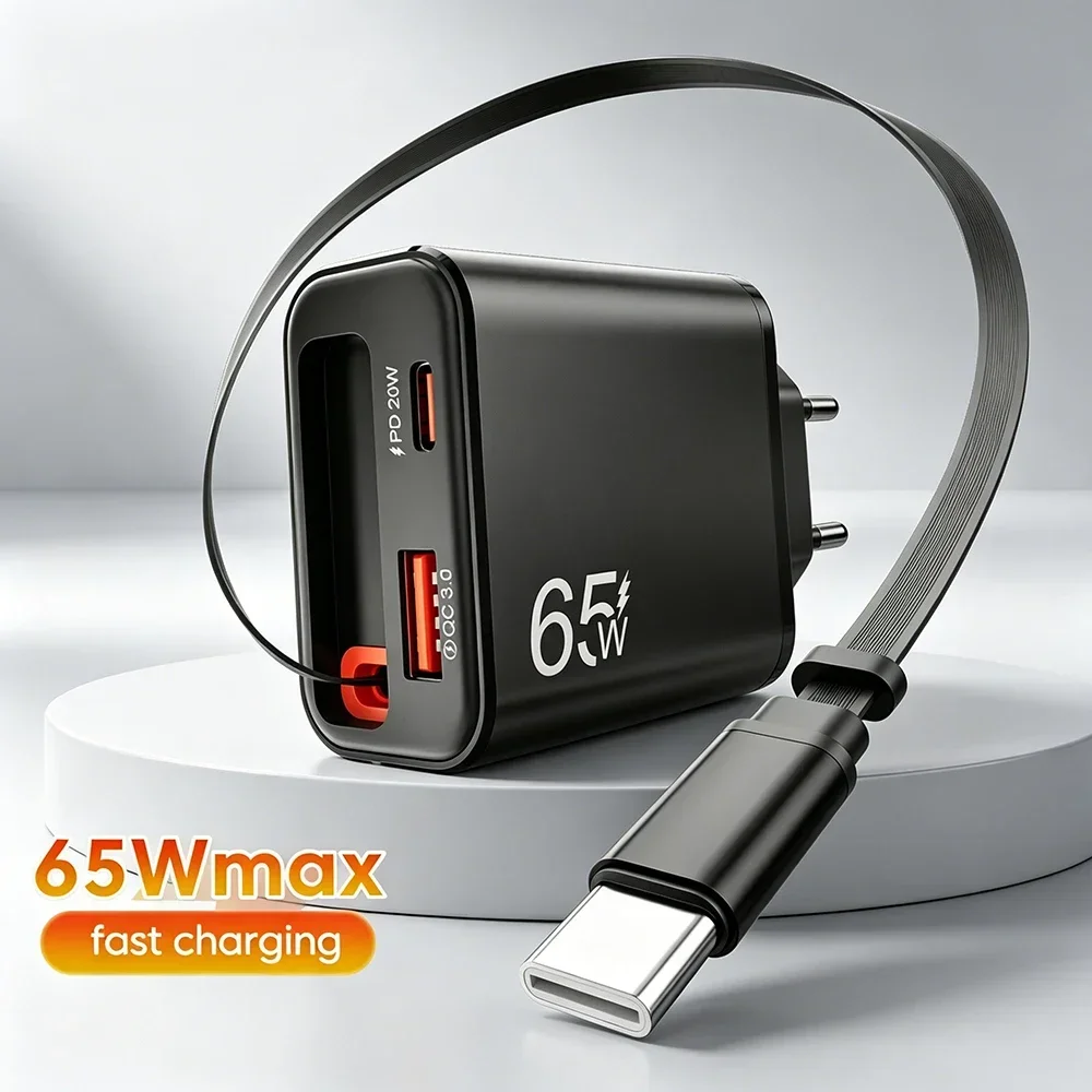 65W USB C Charger With Retractable Type C Cable Phone Charger For iPhone Samsung Xiaomi Huawei EU/US/UK Plug Quick Wall Charger