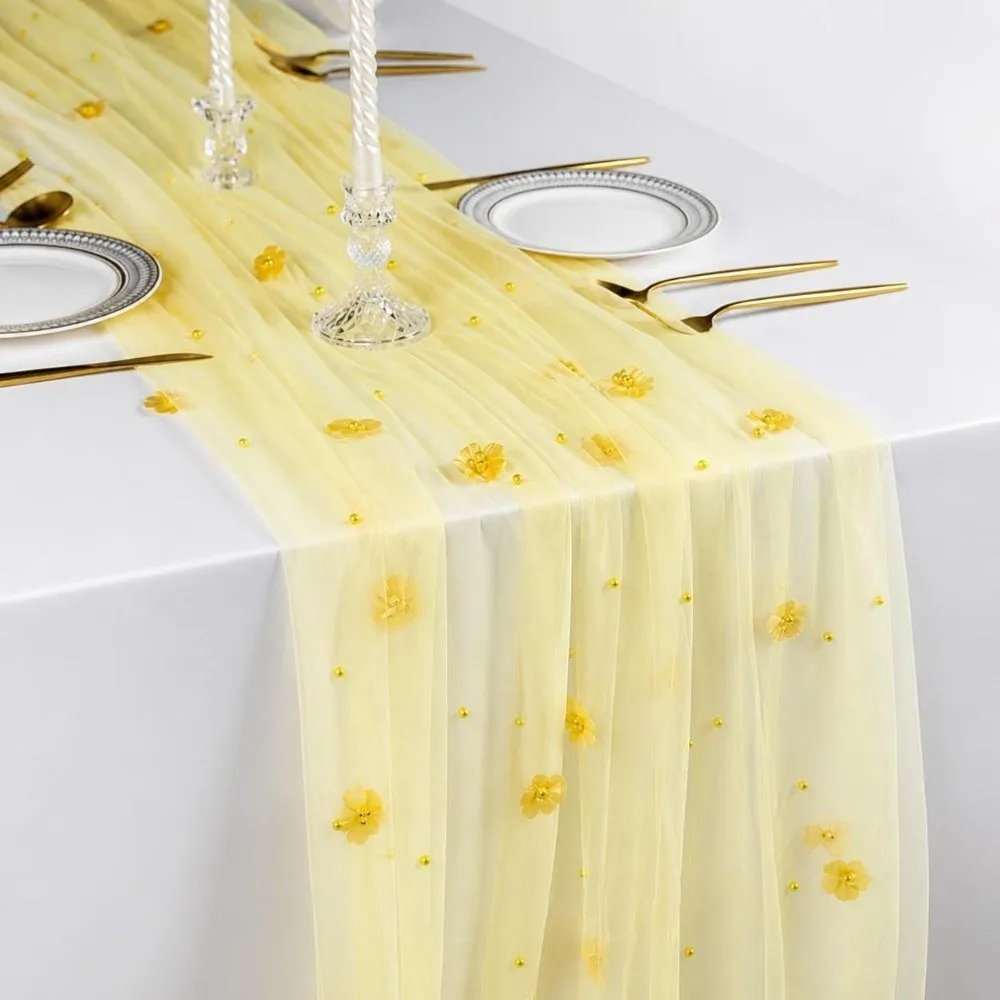 75*300CM Tulle Table Runner Polyester Semi-Transparent Floral Table Runner Romantic Vintage Sheer Table Cover