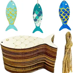 30Pcs Wooden Wooden Fish Cutouts 10*3.6cm Hemp Rope Unfinished Blank Wooden Signs Wooden Cutouts For Ocean Animal Themed Party