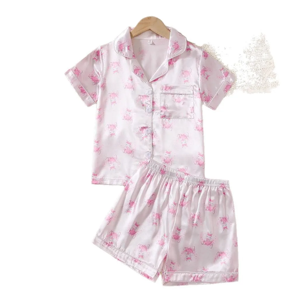 Pyjama-Set für Mädchen aus Kunstseide mit Farbdruck und Liebesmotiv, kurzärmelige Strickjacke für große Mädchen und Jungen, Loungewear.