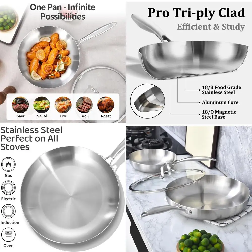 

12-Inch Triple-Layer Stainless Steel Pan Set with Lids, Skillets, Induction-Ready, Oven & Dishwasher Safe, Removable Handles