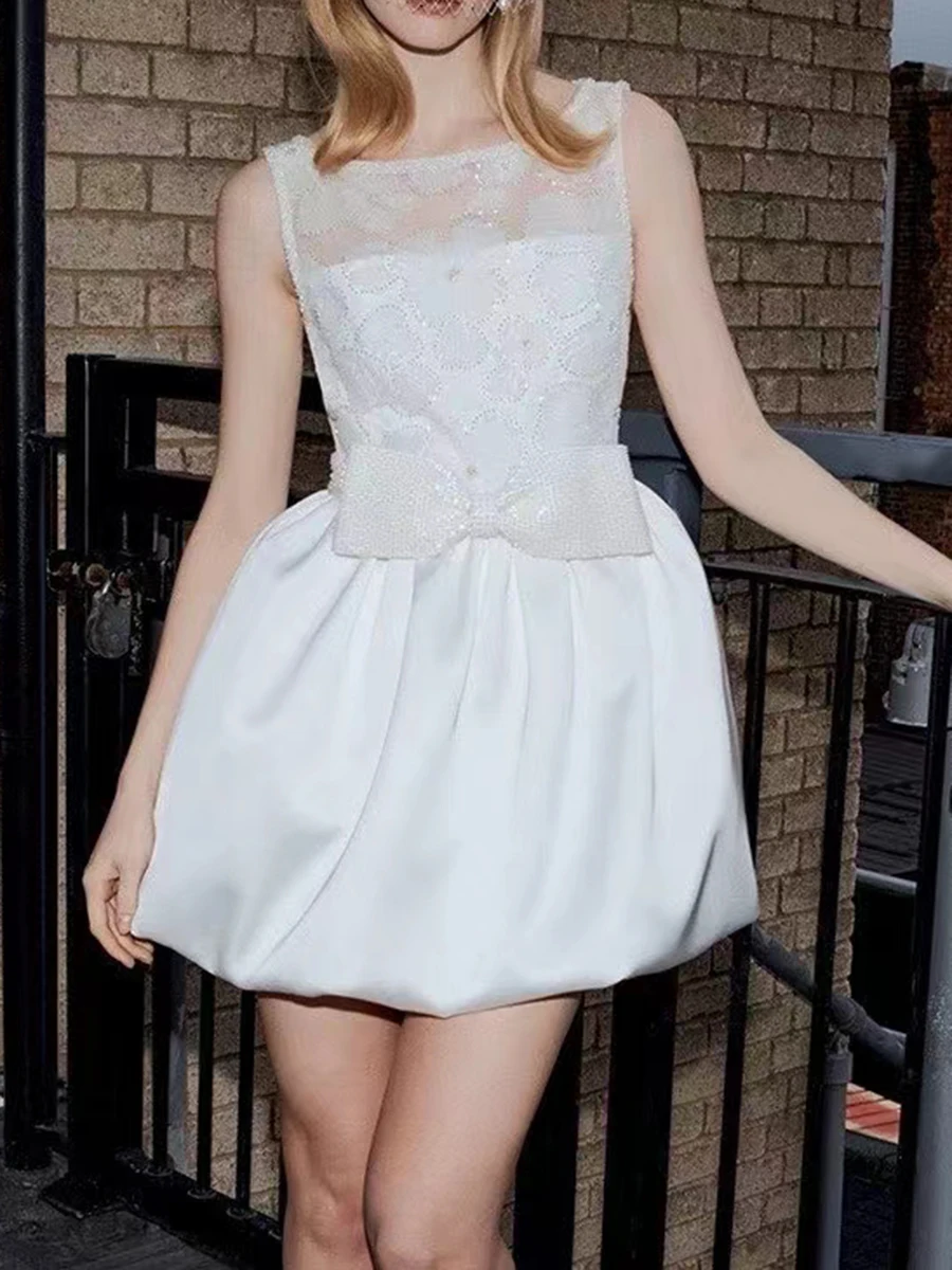 VGH Elegante Impiombato Perline Prendisole per Le Donne O Collo Senza Maniche A Vita Alta Patchwork Boknot Sheer Party Ball Gown Femminile Nuovo