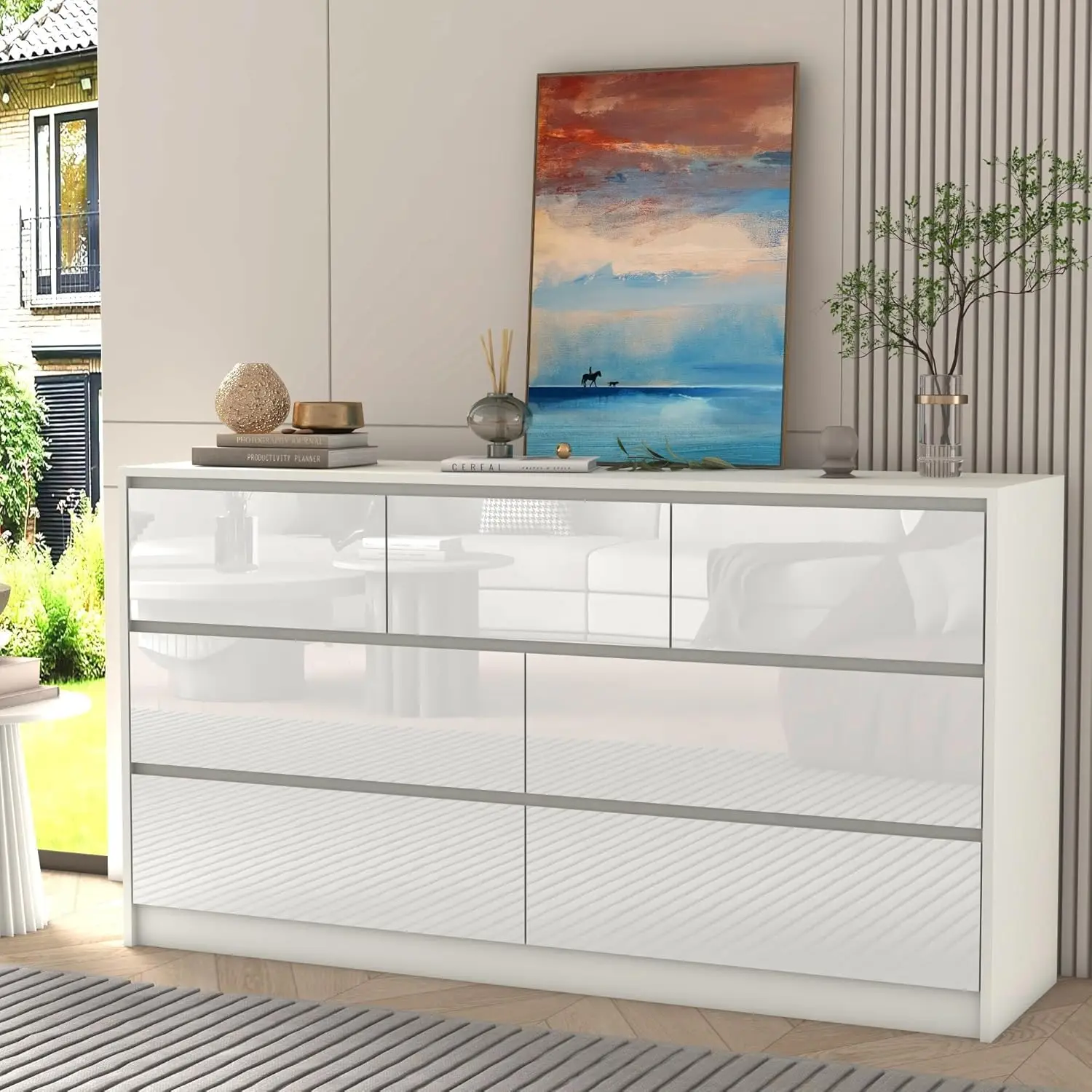 Malm Dresser for Bedroom, 55 Inch Long Dresser High Gloss Dresser with 7 Drawers, Modern Large Wood Chest of Drawer Handle Free,