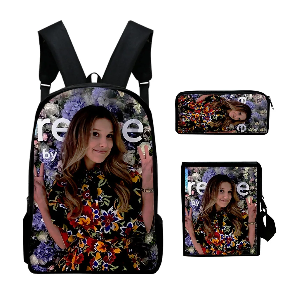 Millie B Brown Merch Rucksack 3-teiliges Set Umhängetaschen Unisex Tagesrucksack 2023 Lässige Reißverschlusstasche Einzigartige Bleistifttasche