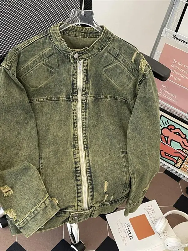 

Retro Waed American Trendy Brand Yellow Mud Color Men's Loose Versatile Emed Armor Denim Jaet Youth Casual Spring Autumn