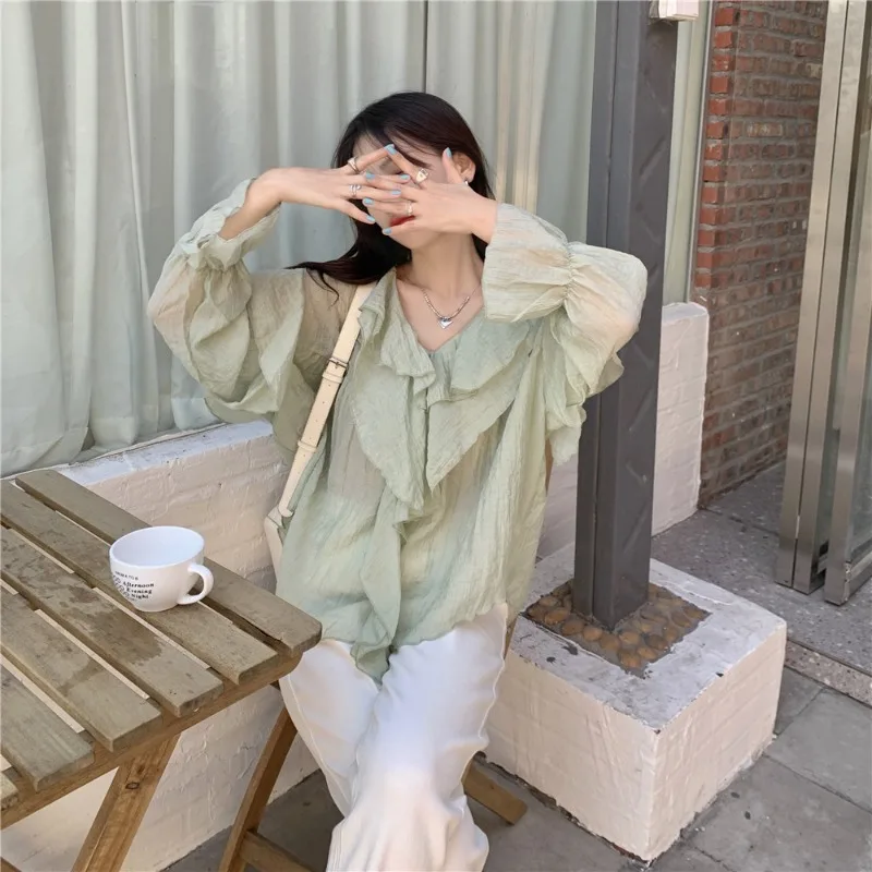 Solid Puff Sleeve Blouse Women V-neck Loose Fit Chic Streetwear All-match Korean Fashion Classic Prevalent Spring Harajuku Cozy