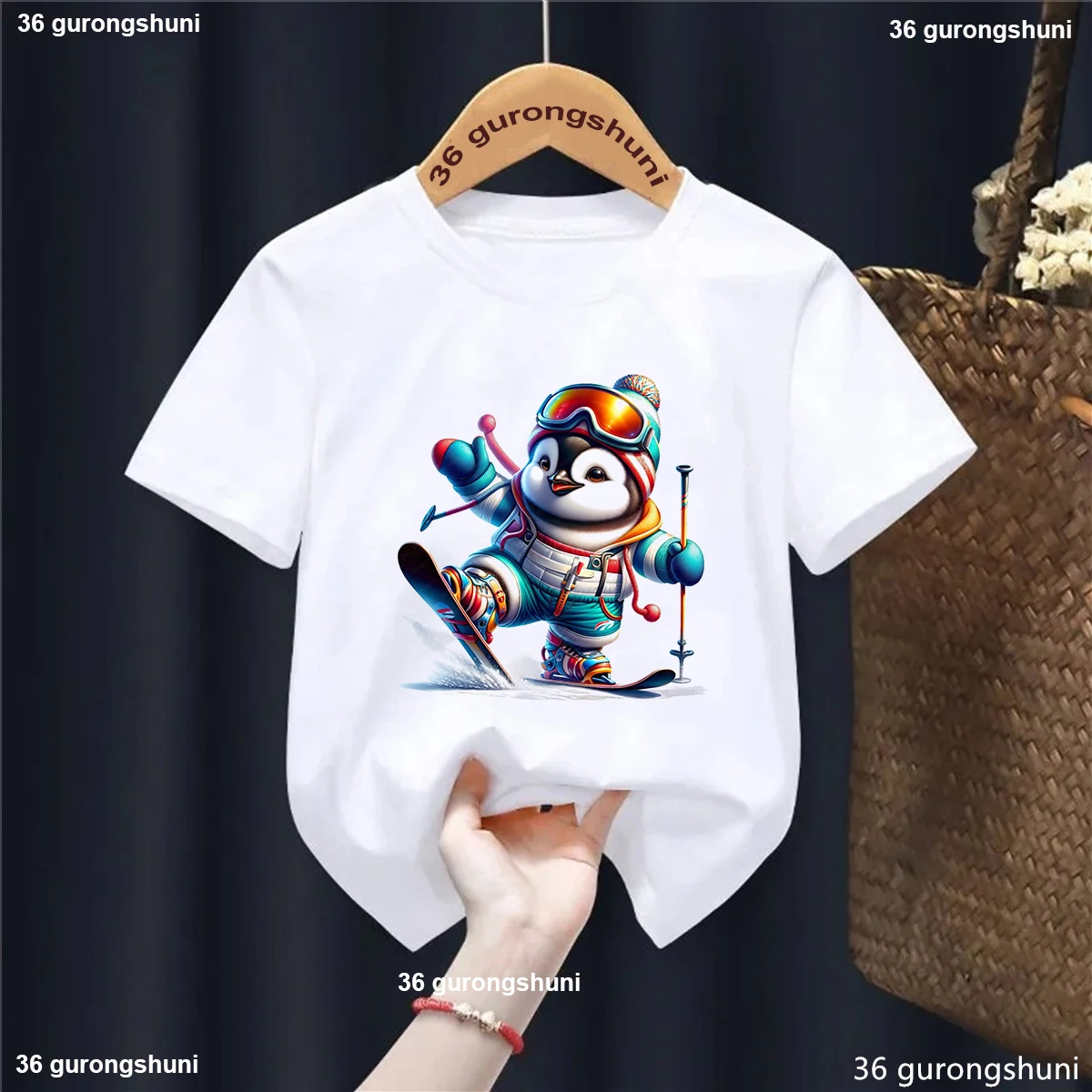 

Chirstmas Gift Kids Clothes Funny Skiing Penguin Animal Printed T Shirt Girls/Boys Harajuku Kawaii Solid T-Shirt Tops