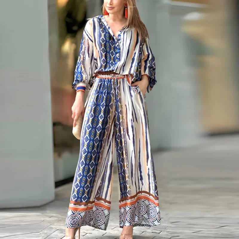 

Loose Casual Pant Sets Women 2023 Autumn Winter New Printed Long Sleeved Shirts Loose High Waist Wide Legs Pants Two Piece Set