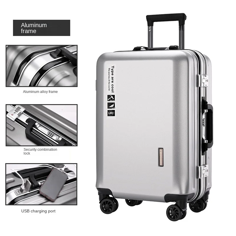 aluminium luggage 20 inch boarding bag durable aluminum suitcase Multifunctional USB charging permitted to both men and women