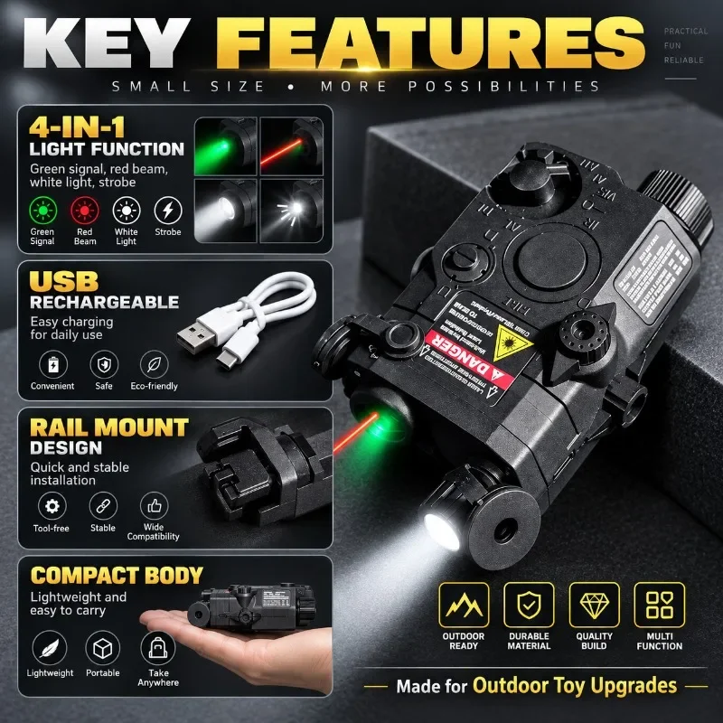 Rail Fixed Nylon Toy Light Box, Green Signal Light, Red Beam, Strobe Mode, Battery Powered, Outdoor Game Part