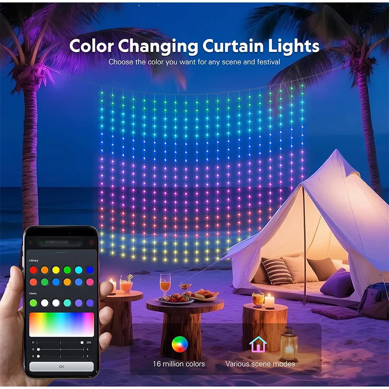 Colorful Curtain Lights, Intelligent Light String Indoor Atmosphere Decoration Lights, Bluetooth Point Control USB Curtain Light
