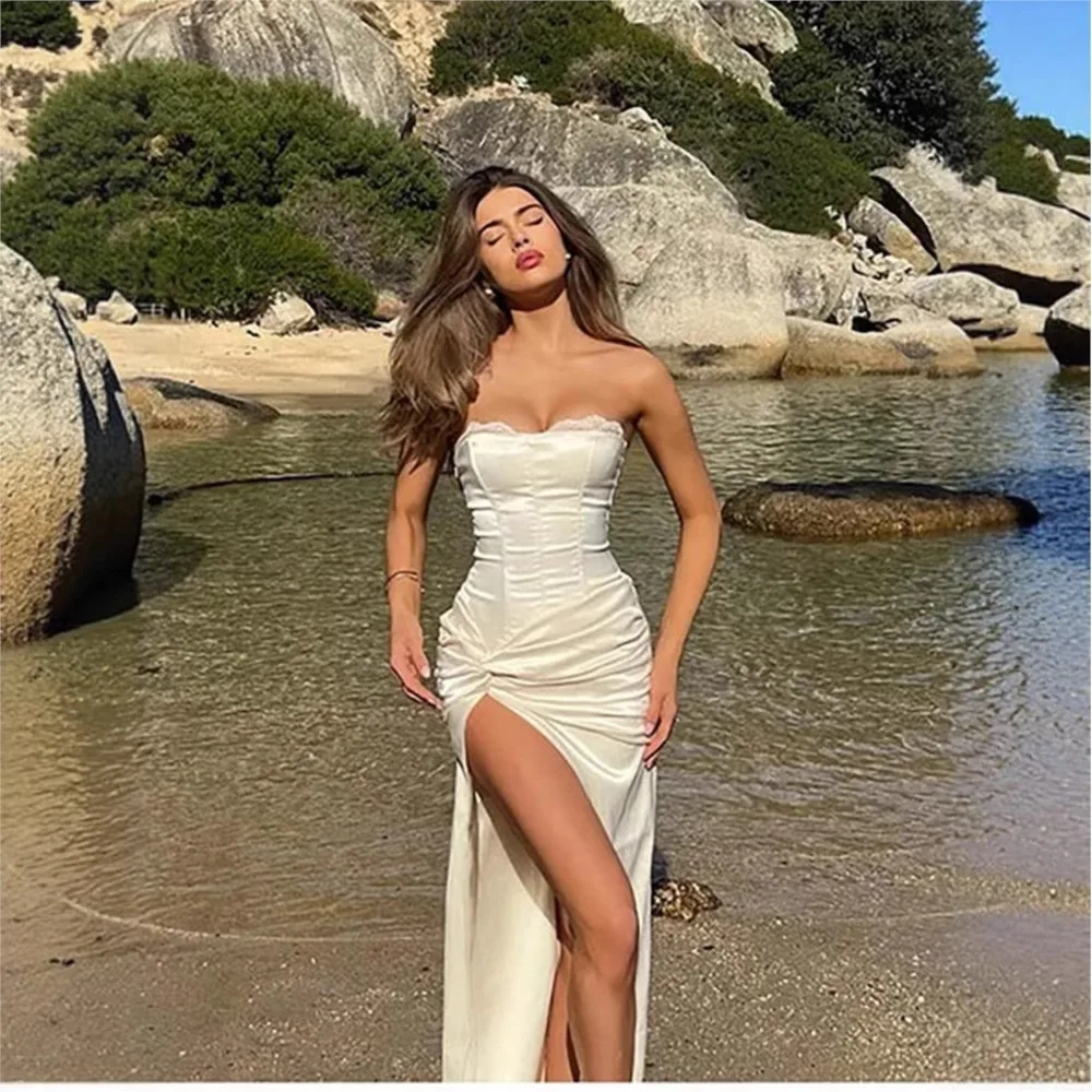 2025 Zomer Strandkleding Feest Nieuwe Dames Temperament Twist Jurk Split Satijnen Jurk Elegante Effen Kleur Off Schouder Leace-up Chic