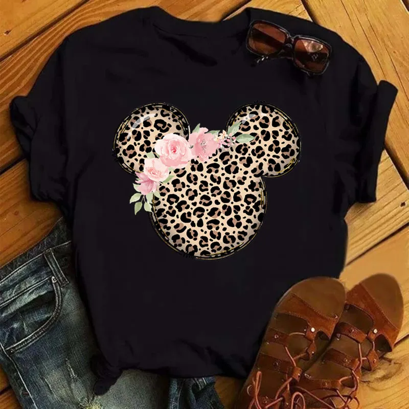 Disney T Shirt Women Flower Minnie Mouse Clothes Leopard Print Kawaii T-Shirt Summer Tops Harajuku Black Women Tees