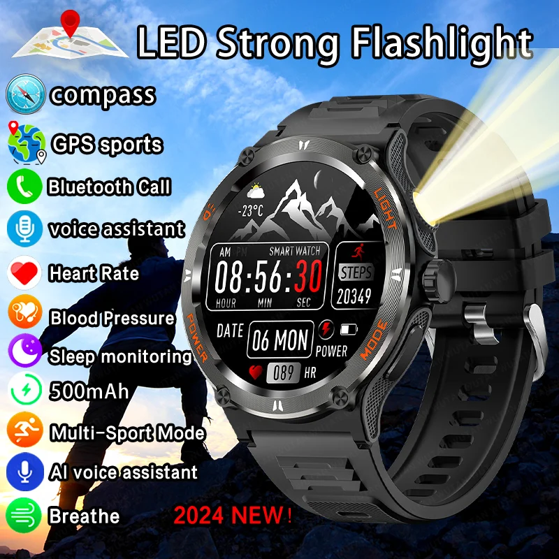 2024 New Rugged Smart Watch Men Military LED Bright Flashlight GPS Tracking 500Mah Battery 3ATM Waterproof HD BT Call smartwatch