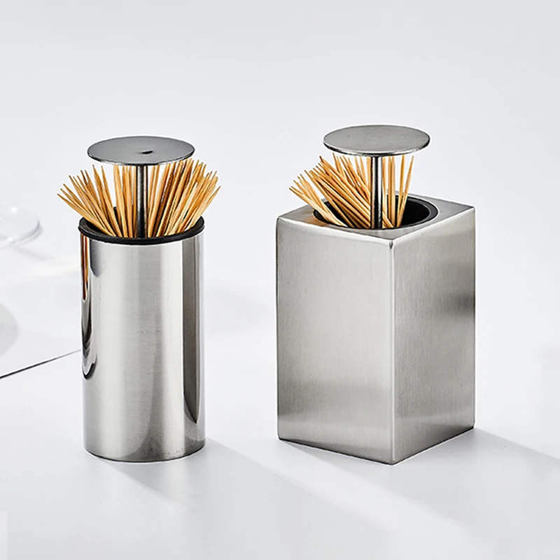 304 Stainless Steel Toothpick Holder, Press-Type Automatic Pop-Up Toothpick Dispenser, Portable Dustproof Toothpick Storage Box