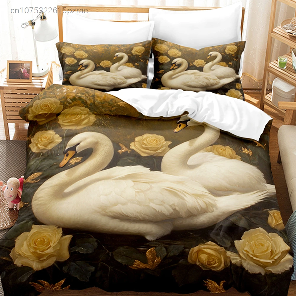 Rose Golden Swan Print Pattern Polyester Bedding Set - Soft And Comfortable,  Home Decoration,King,Queen Size,Valentine's Day