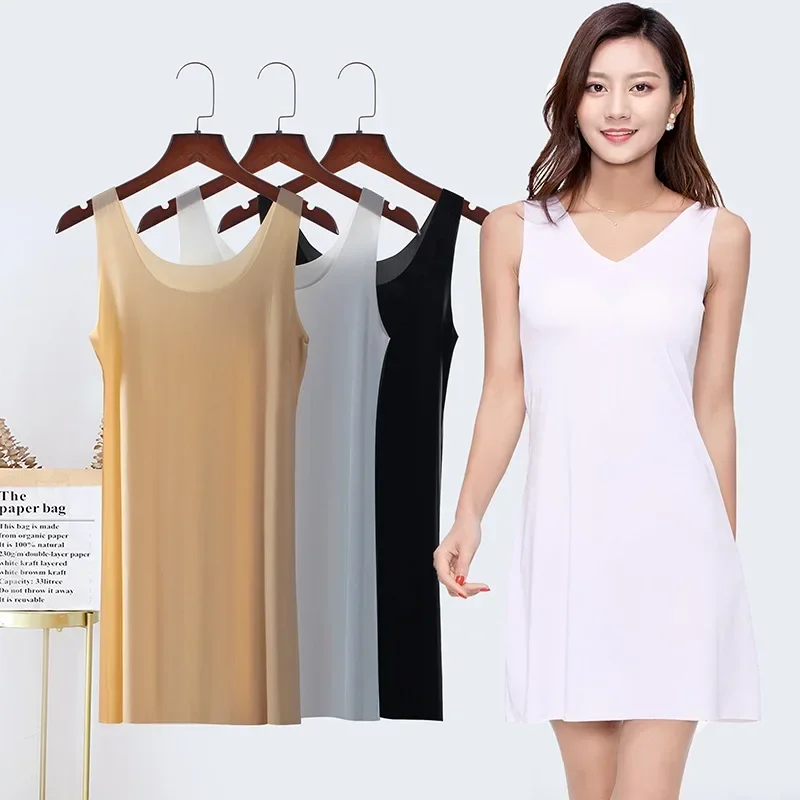 Sexy V/U Neck Full Slips Dresses for Women Summer Thin Seamless Ice Silk Petticoat Underskirt Sleeveless Underwear Dress Slips