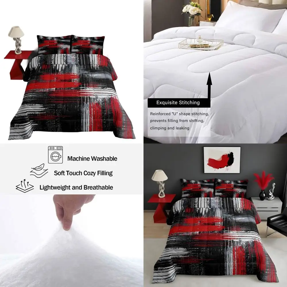 Nowoczesny zestaw poszewek na kołdrę z geometrycznym graffiti w kolorach czerwonym, czarnym i szarym. |   Pościel w stylu abstrakcyjnym King Size |   Współczesny wystrój pokoju