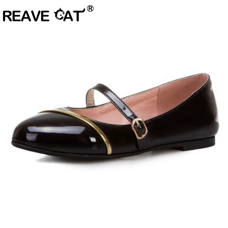 REAVE CAT Ladies Flat Ballerina Shoes Women buckle leather Shoes Flats Girl School Shoes Flats white Black Big Size 43