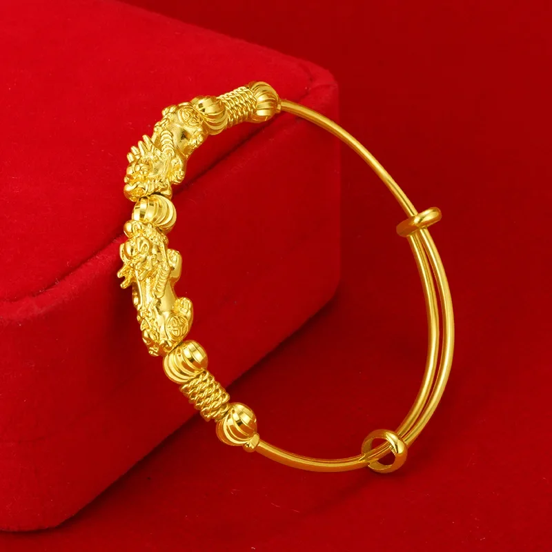 Original 18 K Yellow Gold Color Money Pixiu Transfer Beads Bracelets for Women Baby Golden Bangles Fine Jewelry Gifts Not Fade