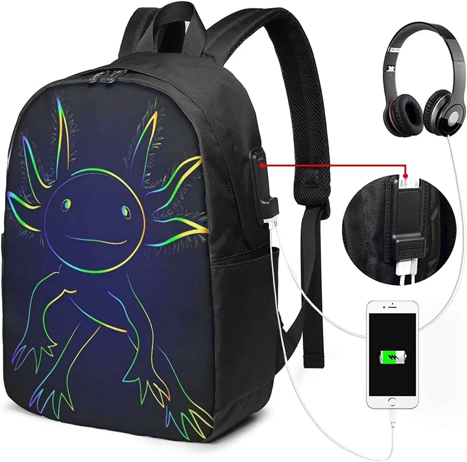 Auronewt Stylized Rainbow Axolotl Backpacks 17 Inch Travel Laptop Backpack College Book Bag for Men Women with USB Charging Port