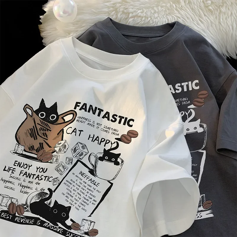 Men Women T Shirt Pullover Oversize Version Cartoon Cat Group Printed T-Shirt Casual Short Sleeve Couples T-Shirt Graphic