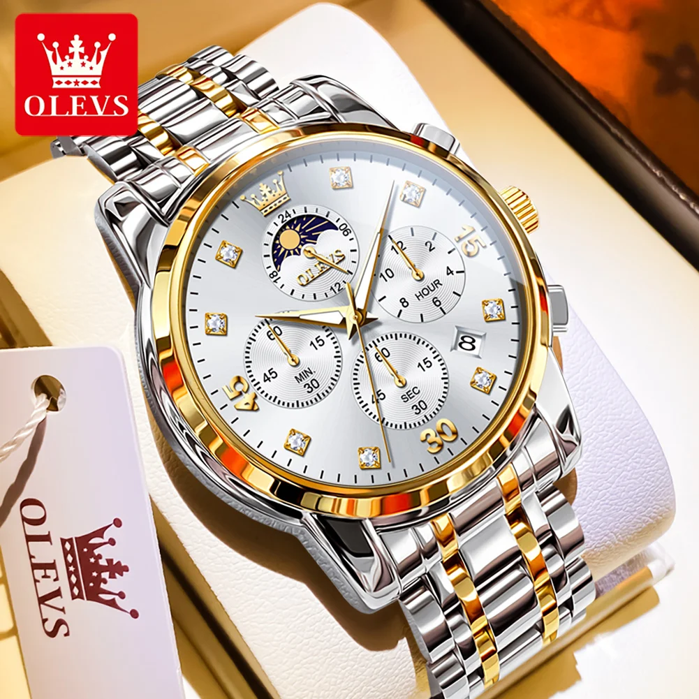 OLEVS Top Brand Men Watches Luxury Gold Fashion Watch for Man Moon Phase Date Chronograph Original Quartz Wristwatch Waterproof